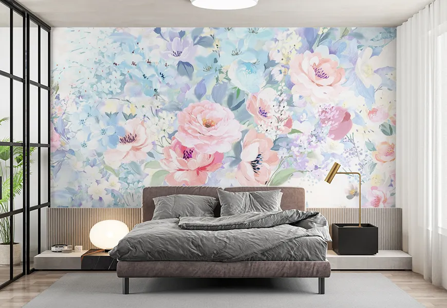 پوستر دیواری سه بعدی اتاق خواب عروس و داماد طرح گل و پروانه